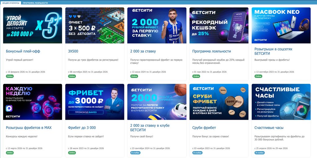 Раздел «Промо» с действующими акциями Бетсити